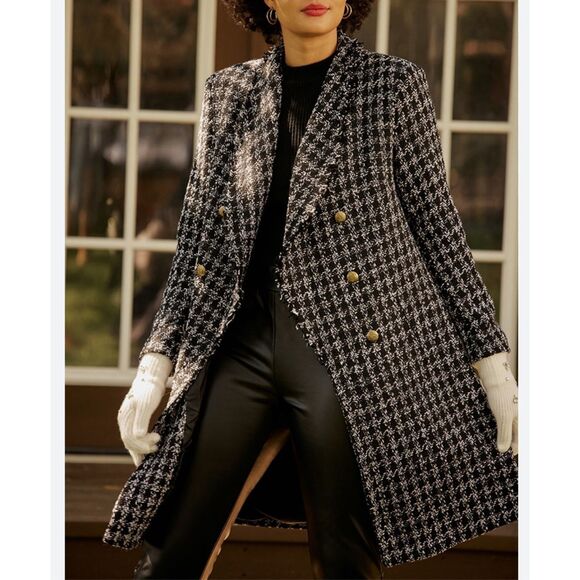 Alya Franchesca Black White Long Lightweight Tweed Coat Size Medium - Picture 1 of 14